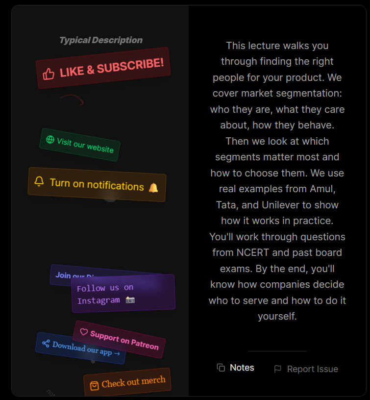 A visual comparison of a chaotic, engagement-heavy video description packed with promotional buttons versus a clean, focused, student-first lecture description layout.